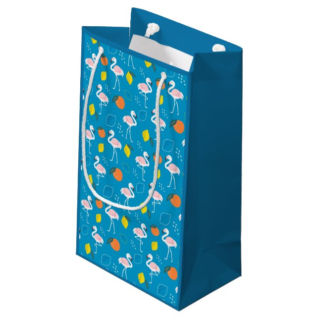 Tropical Theme Flamingo Fruits on Blue Background  Small Gift Bag (Back Angled)