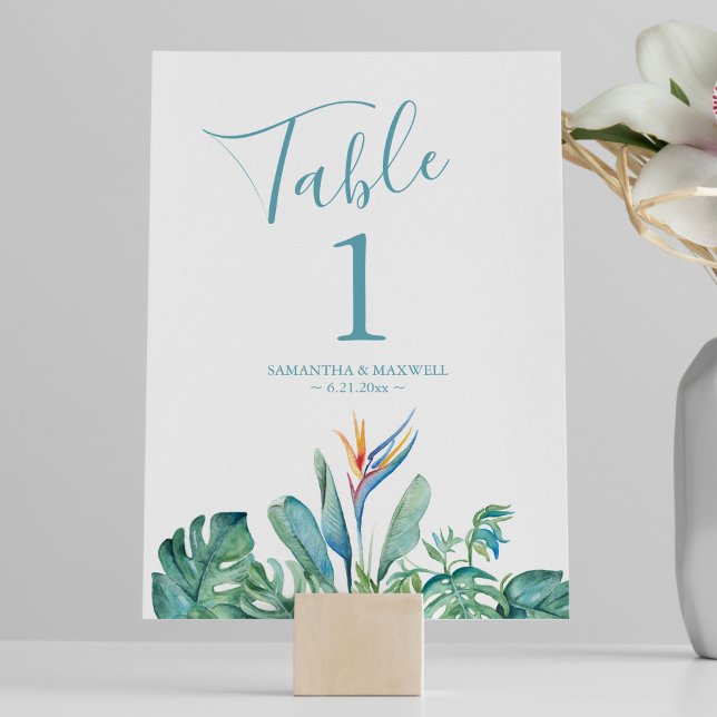 Tropical Theme Wedding Decoration Table Number (tropical theme wedding table number features watercolor floral & palm leaf by Victoria Grigaliunas)