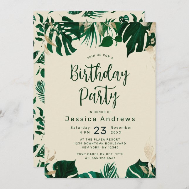 Tropical Themed Green Foliage Birthday Party Invitation (Front/Back)