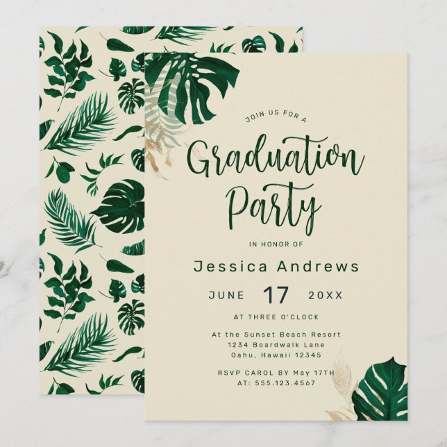 Tropical Themed Green Leaves Graduation Party Invitation (Front/Back)