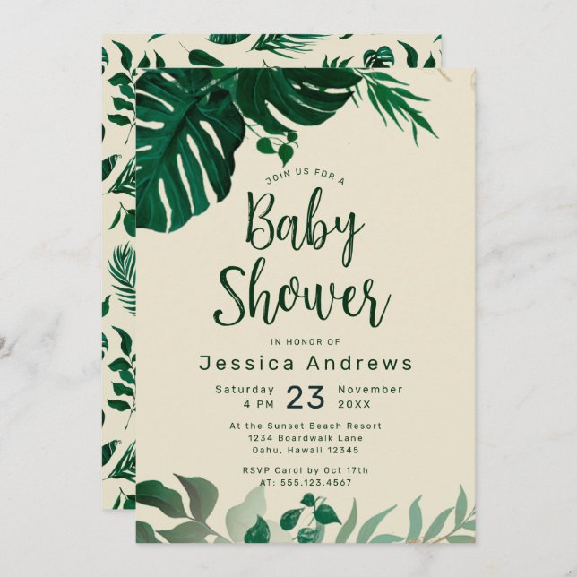 Tropical Themed Green Leaves Modern Baby Shower Invitation (Front/Back)