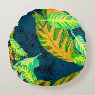Tropical Tie Dye Blue Gouache. Tropical Pattern. G Round Cushion
