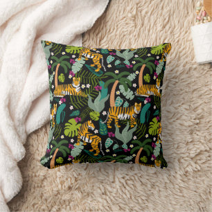 Tropical Tiger Black Botanical Jungle Safari Cats Cushion