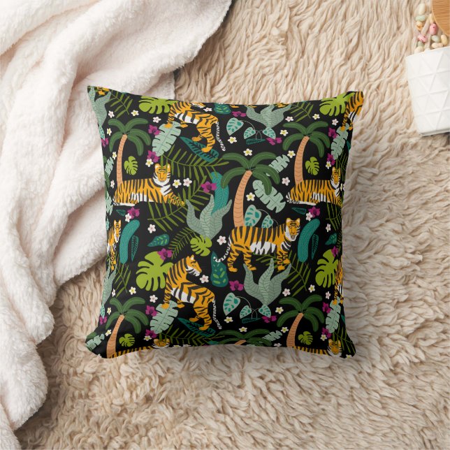 Tropical Tiger Black Botanical Jungle Safari Cats Cushion (Blanket)