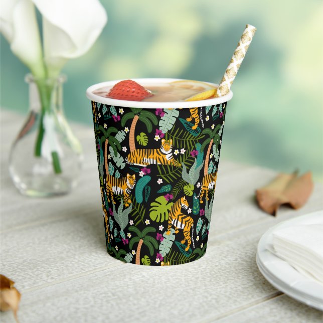 Tropical Tiger Black Botanical Jungle Safari Cats Paper Cups (Insitu)