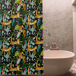 Tropical Tiger Black Botanical Jungle Safari Cats Shower Curtain