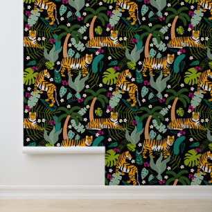 Tropical Tiger Black Botanical Jungle Safari Cats Wallpaper