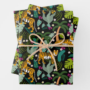 Tropical Tiger Black Botanical Jungle Safari Cats Wrapping Paper Sheet