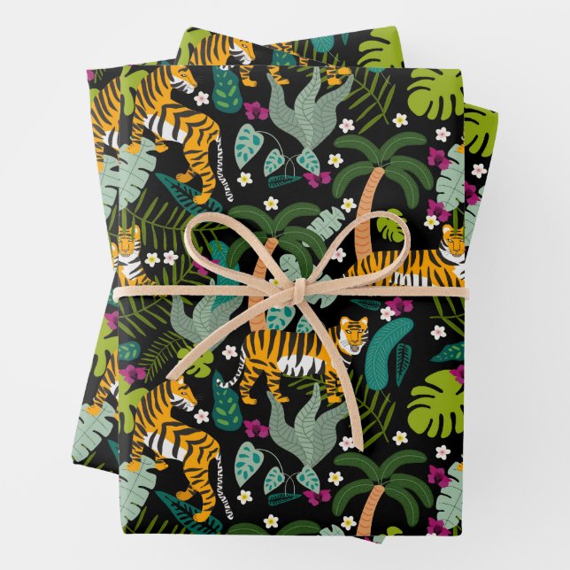 Tropical Tiger Black Botanical Jungle Safari Cats Wrapping Paper Sheet (In situ)