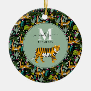 Tropical Tiger Black Botanical Jungle Safari Name Ceramic Ornament