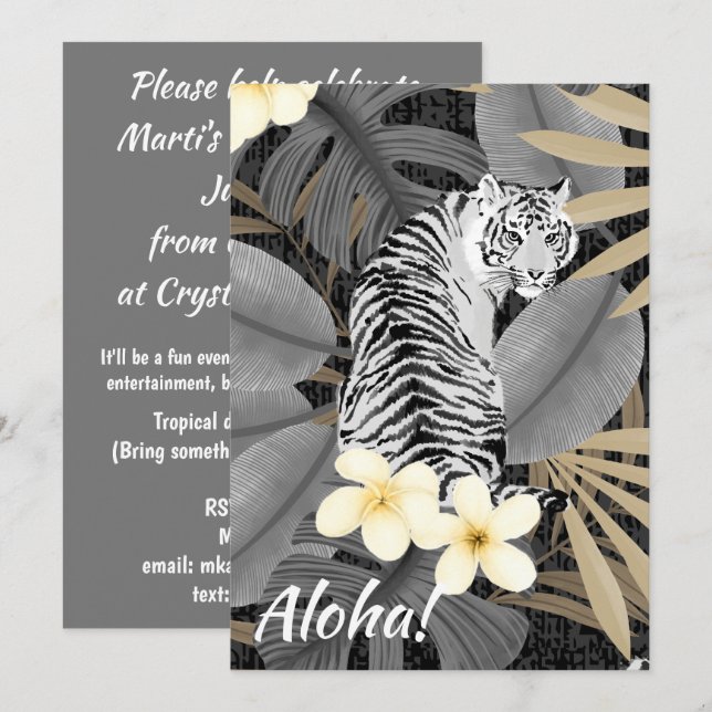 Tropical Tiger Hawaiian Palm Jungle Grey Invitation (Front/Back)