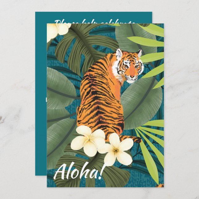 Tropical Tiger Hawaiian Palm Jungle Teal Invitation (Front/Back)