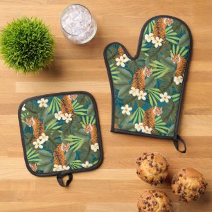 Tropical Tiger Hawaiian Palm Jungle Teal Oven Mitt & Pot Holder Set