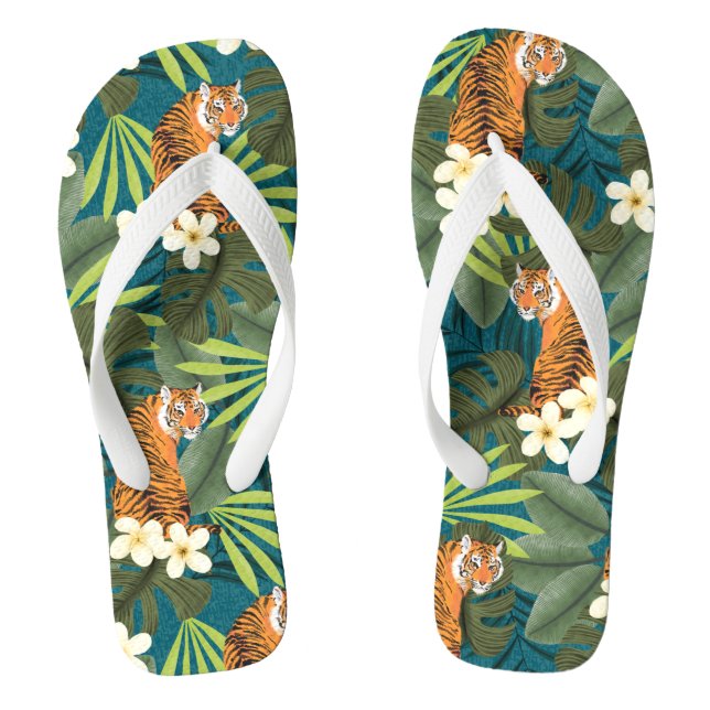 Tropical Tiger Hawaiian Palm Jungle Teal Thongs (Footbed)