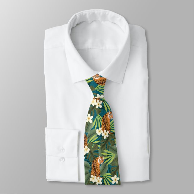 Tropical Tiger Hawaiian Palm Jungle Teal Tie (Tied)