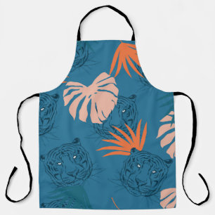 Tropical Tiger Leaves Deep Blue Apron