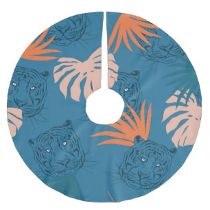 Tropical Tiger Leaves Deep Blue Brushed Polyester Tree Skirt