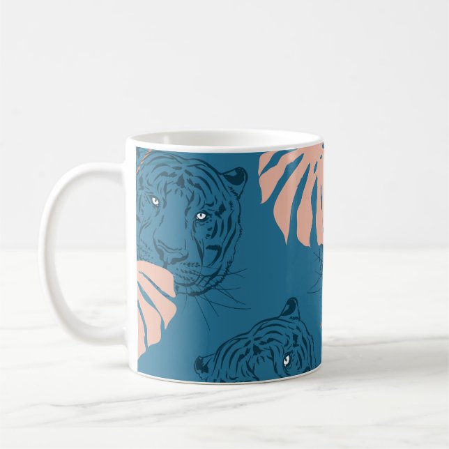 Tropical Tiger Leaves Deep Blue Coffee Mug (Left)