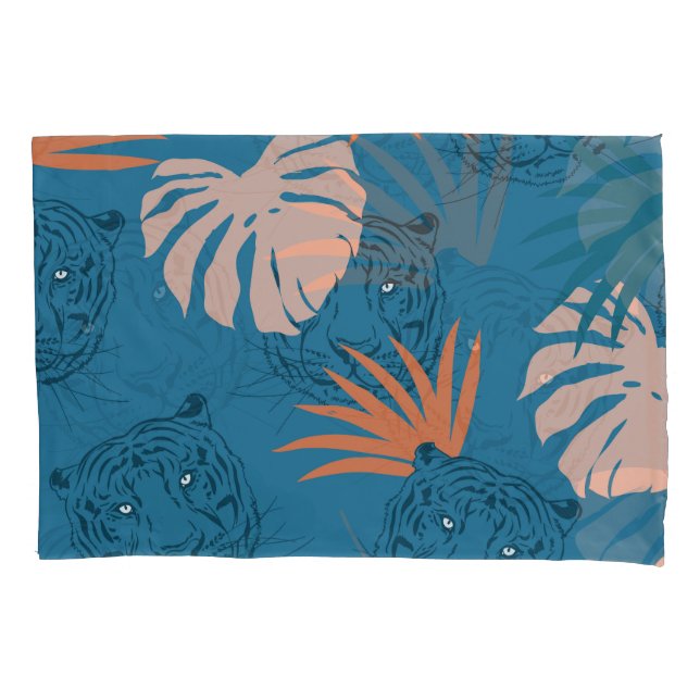Tropical Tiger Leaves Deep Blue Pillowcase (Front)