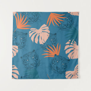 Tropical Tiger Leaves Deep Blue Tapestry