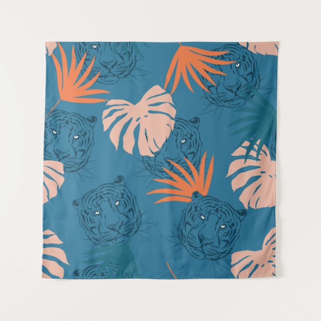 Tropical Tiger Leaves Deep Blue Tapestry (Front)