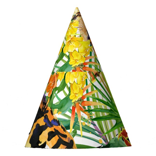 Tropical Tiger Watercolor Jungle Pattern Party Hat (Front)