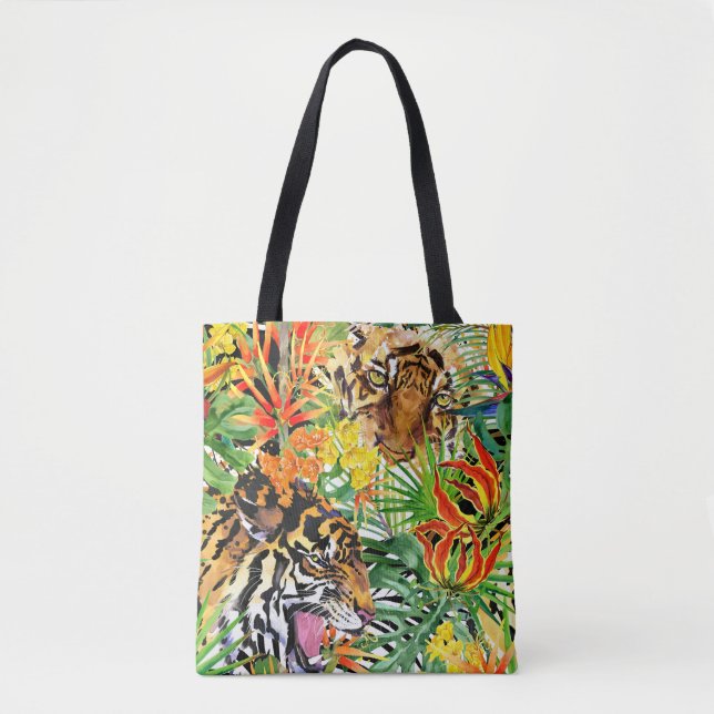 Tropical Tiger Watercolor Jungle Pattern Tote Bag (Front)
