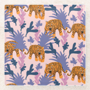 Tropical Tigers Jungle Vintage Pattern Glass Coaster