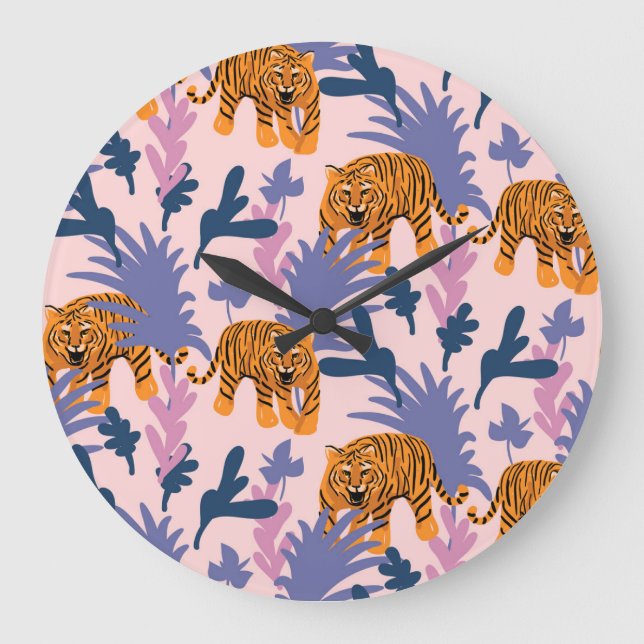 Tropical Tigers Jungle Vintage Pattern Large Clock (Front)