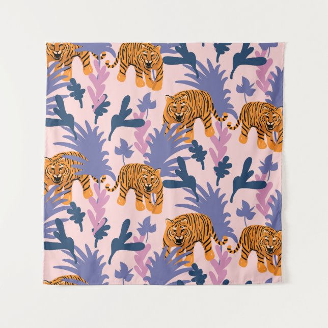 Tropical Tigers Jungle Vintage Pattern Tapestry (Front)