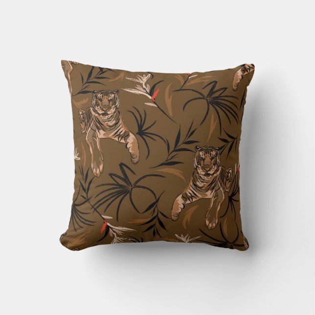 Tropical Tigers Paradise Flower Pattern Cushion (Front)