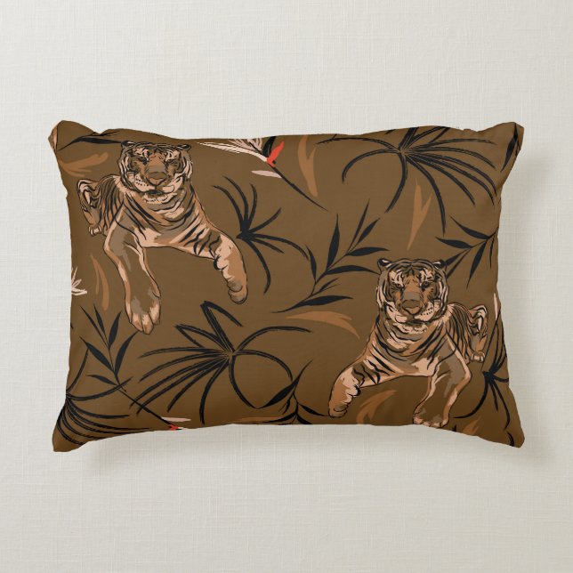Tropical Tigers Paradise Flower Pattern Decorative Cushion (Front)
