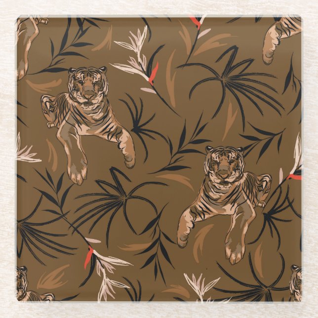Tropical Tigers Paradise Flower Pattern Glass Coaster (Front)