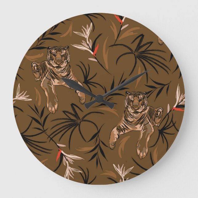 Tropical Tigers Paradise Flower Pattern Large Clock (Front)