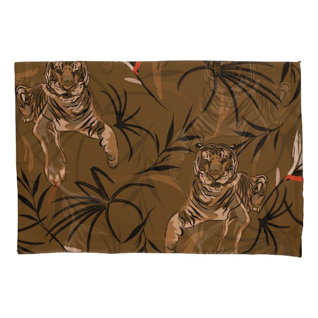 Tropical Tigers Paradise Flower Pattern Pillowcase (Front)