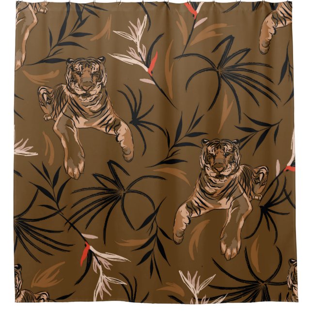 Tropical Tigers Paradise Flower Pattern Shower Curtain (Front)