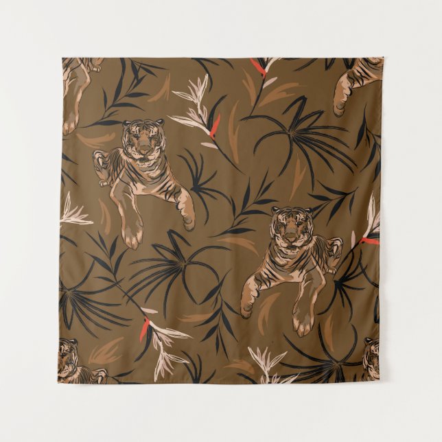 Tropical Tigers Paradise Flower Pattern Tapestry (Front)