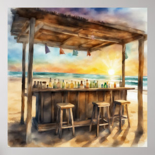 Tropical Tiki Bar at Sunset – Watercolor Vibe Poster