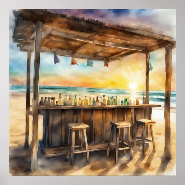 Tropical Tiki Bar at Sunset – Watercolor Vibe Poster (Front)