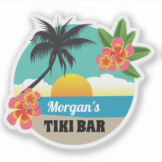 Tropical Tiki Bar with Name, sunset, palm tree (Front)