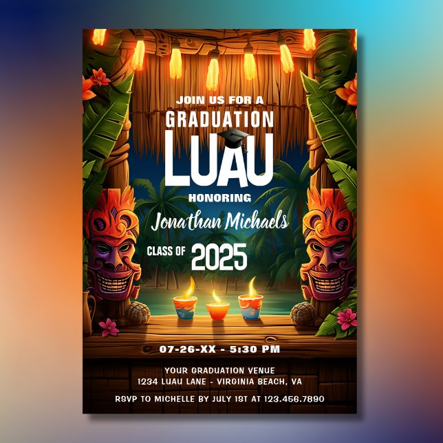 Tropical Tiki Hawaiian Island Luau Graduation Invitation (Front - Tropical Tiki Hawaiian Island Luau Graduation Invitation)
