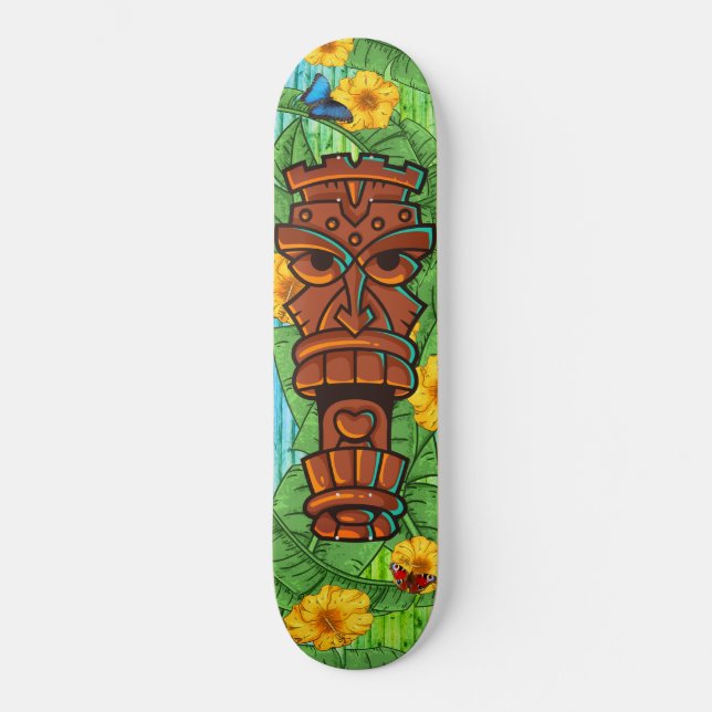 Tropical Tiki Totem Polynesian Theme Banana Leaves Skateboard (Front)