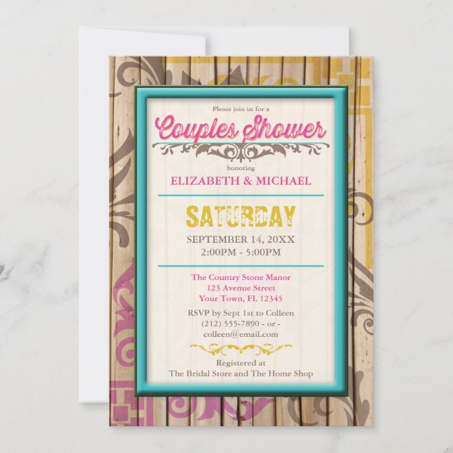 Tropical Tiki Wood Tattoo Couples Shower Invite (Front)