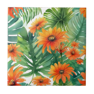 Tropical Tithonia Vibrant Watercolor Ceramic Tile