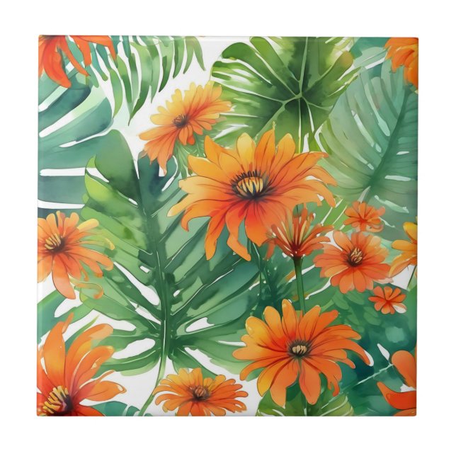 Tropical Tithonia Vibrant Watercolor Ceramic Tile (Front)