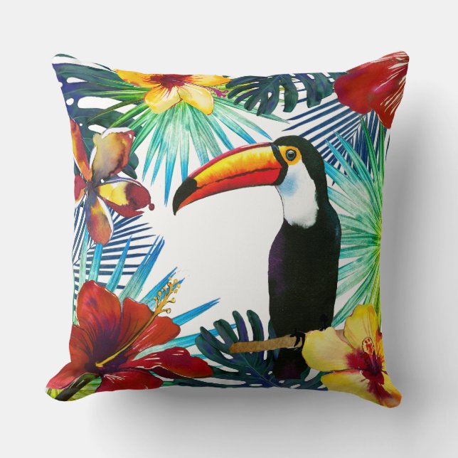 Tropical Toucan 2 Yellow Red Teal Floral Beach Cushion (Front)