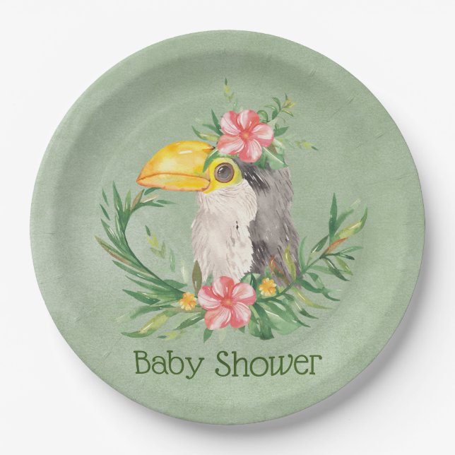 Tropical Toucan Bird Floral Baby Shower Paper Plate (Front)