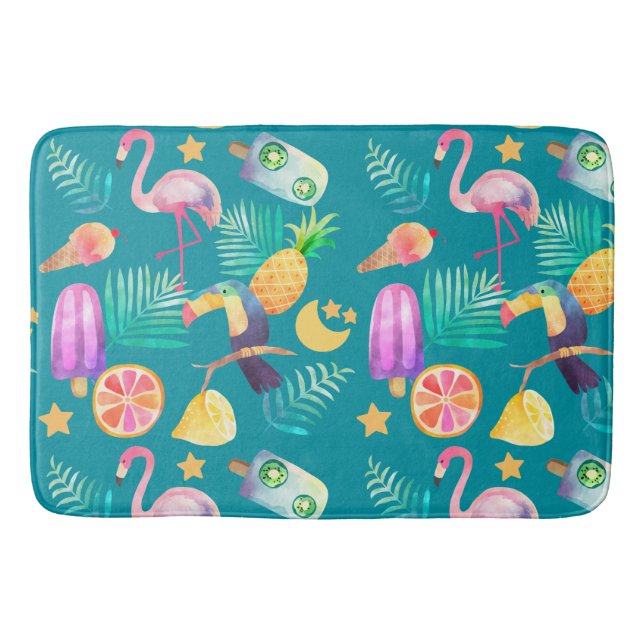 Tropical Toucan Bird Pink Flamingo  Bath Mat (Front)