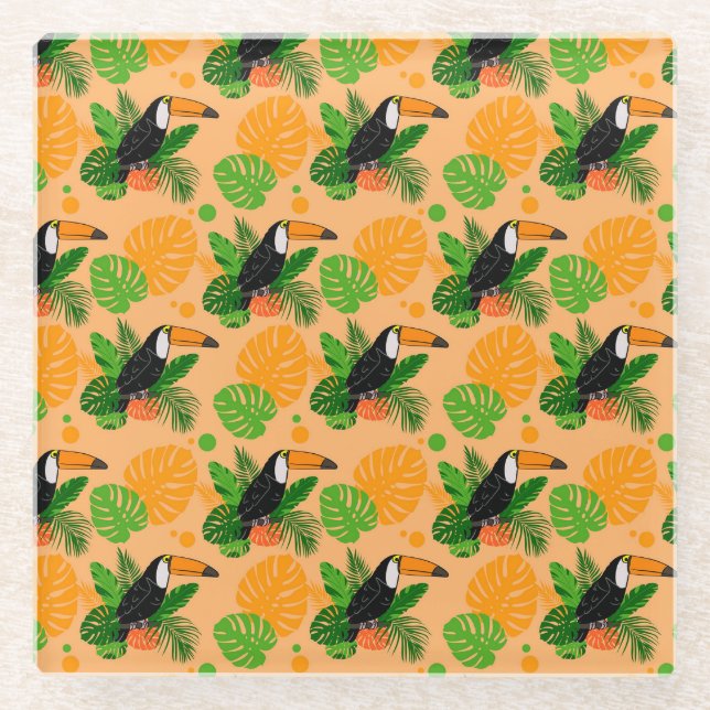 Tropical Toucan Bird Seamless Pattern Glass Coaster (Front)