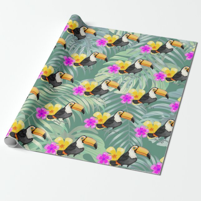 Tropical Toucan Design Wrapping Paper Roll (Unrolled)